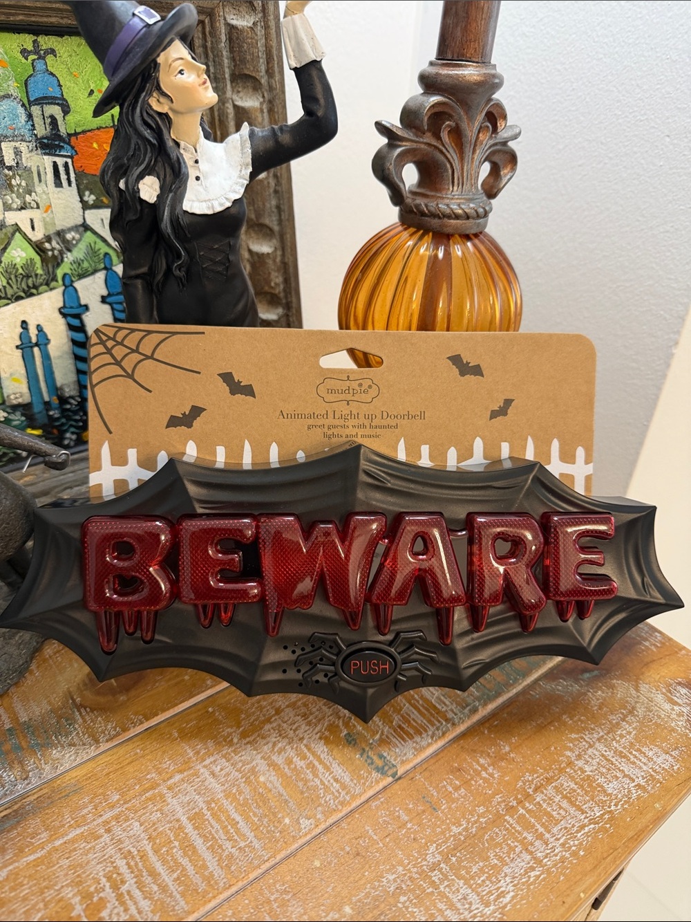 Mud Pie Black and Red 'BEWARE' Light-Up Halloween Door Decor